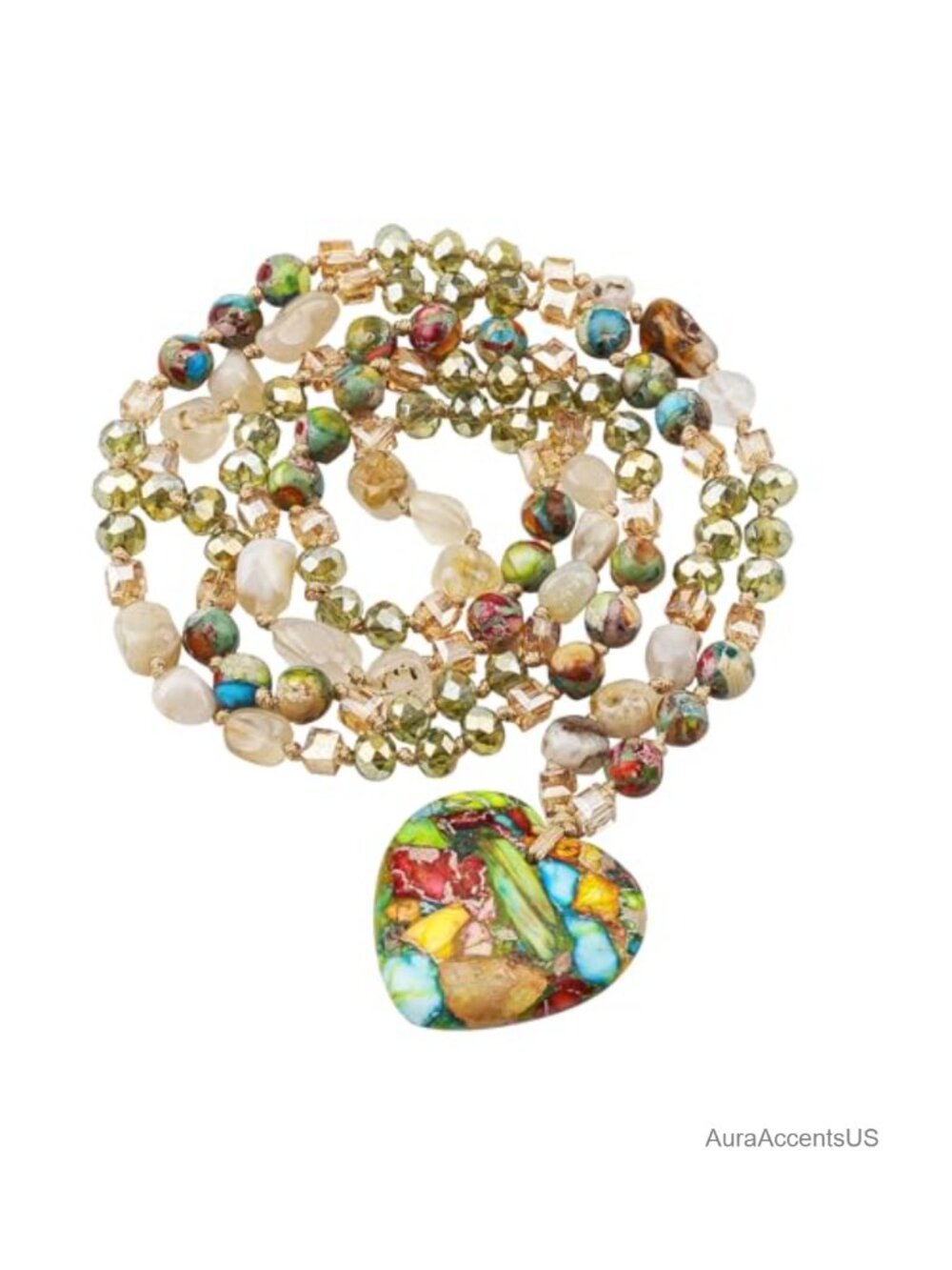Boho Long Beaded Necklace Natural Stone Jasper Heart Pendant 31.5"